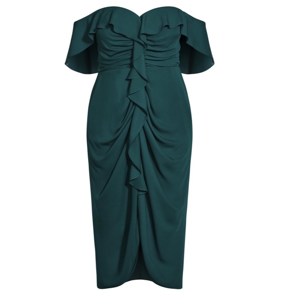 NWT CITY CHIC Emerald Green RUFFLE Off The Shoulder RUCHED Va Va Voom DRESS 14 - Picture 4 of 16